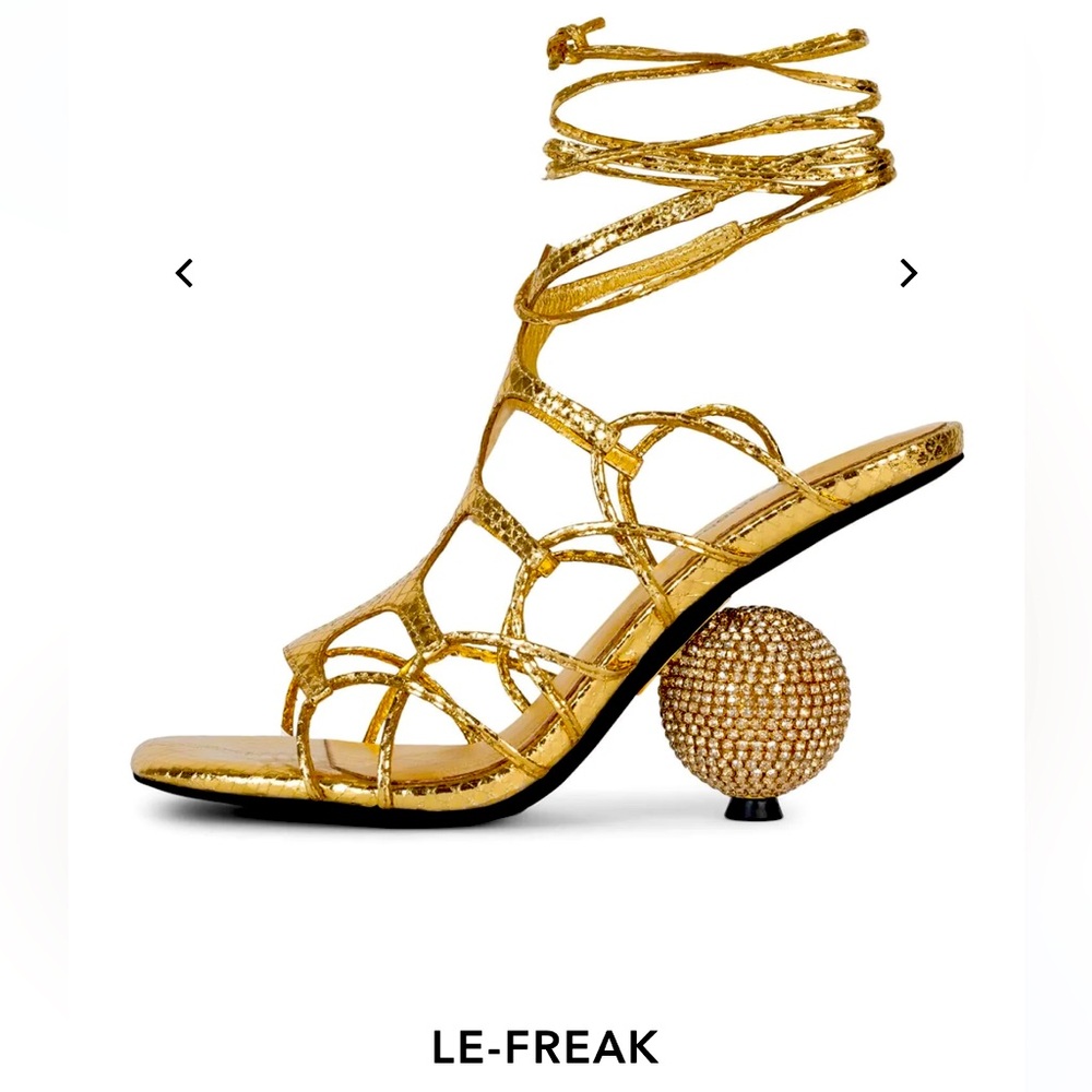 Jeffrey Campbell Le Freak Gold Metallic Tie up Sandal with Rhinestone Heel 6.5